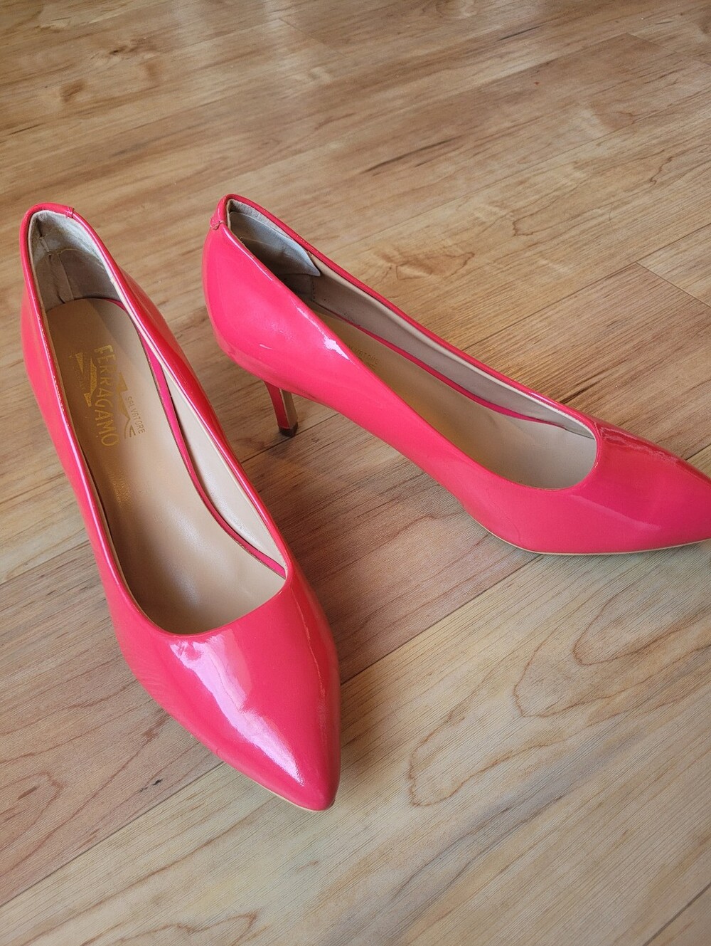 Salvatore Ferragamo Women's Patent Pointed-Toe Pumps in Coral Pink